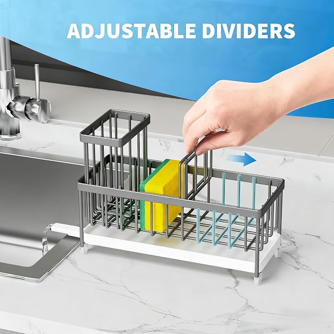 Cisily Sponge Holder for Kitchen Sink, Sink Caddy Organizer with High Brush Holder, Kitchen Countertop Organizers and Storage Essentials, Rustproof 304 Stainless Steel (Gray, 9.25″)