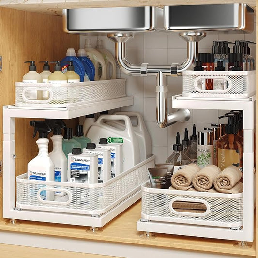 2-Pack 18.5 IN Depth Under Sink Organizer With Next-Gen Ball-Bearing Slides,Sophisticated Mesh 2-Tier Pull Out Shelf for Kitchen & Bathroom,Fits Small Items-White(Patented)