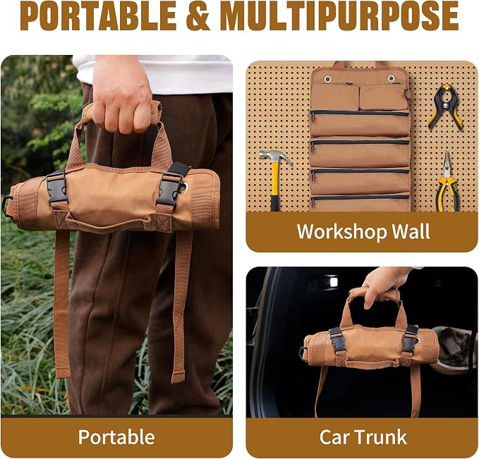 Portable Foldable Roll Up Tool Bag, Heavy Duty Tool Organizer Bag with 5 Compartments & 2 Detachable Pouches for Tools Storage, Waterproof Tool Roll Bag for Dad Men Electrician Gifts