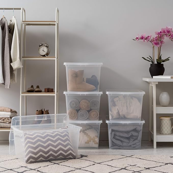 IRIS USA 4-Pack 58 Qt Storage Bins with Lids, Clear, Stackable | Perfect for moving, blankets, clothing and garage storage, nestable design, transparent design makes contents easy to find