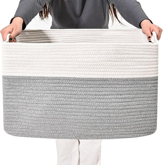 ICERZCZ Large Blanket Basket Living Room, Rectangle Storage Basket, Large Basket for Blankets, Woven Cotton Rope Baskets for Storage Toy Dirty Clothes, 22”x17”x12”, White & Grey, 75L