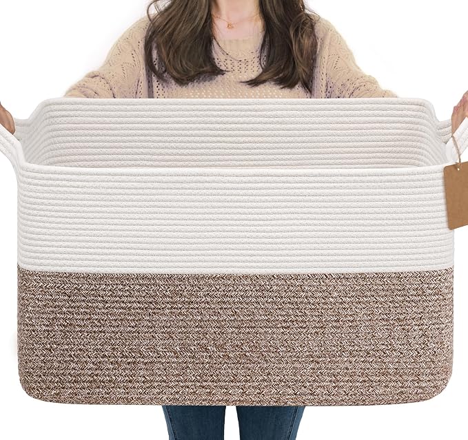 Goodpick Extra Large Rectangle Cotton Rope Storage Basket, Brown | 75L, 22 × 17 × 12 in, Reinforced Handles, Blankets, Pillows & Clothes Storage, Living Room, Bedroom & Nursery Organization