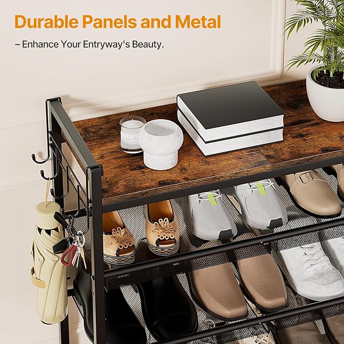 4 Tier Shoe Rack, Shoe Rack for Entryway with Hook, Shoe Organizer with Adjustable Mesh Shelves, Metal Shoe Storage, Closet, Bedroom Living Room Garage