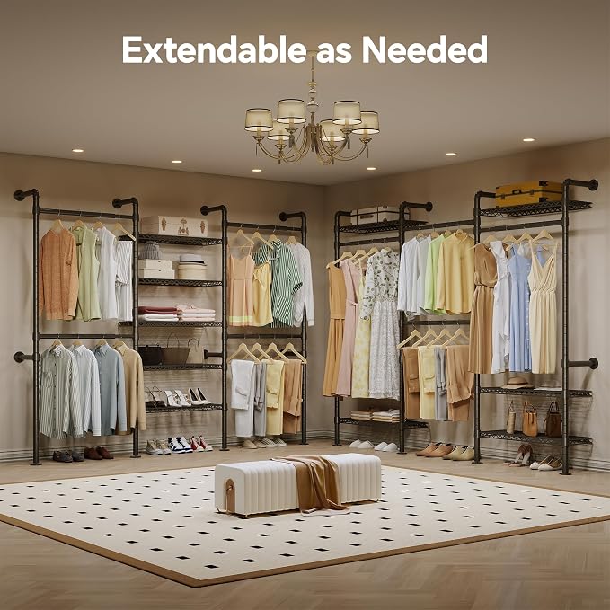 Higeego W3 Wall Mounted Clothes Rack, Industrial Pipe Clothing Rack, Black | Closet Rack Wall Mounted, Expandable Hanger Rods, Adjustable Closet Shelving, Heavy Duty Clothes Rack, Closet Organizer