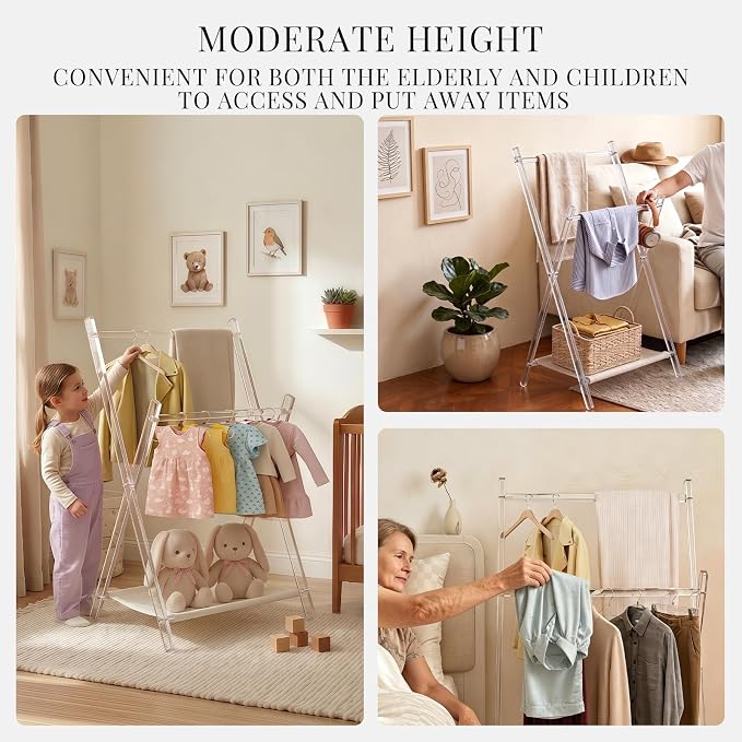 Acrylic Clothes Rack, Foldable Children's Clothing Rack,with Shelves Portable Coat Rack, Suitable for Entrance Hall, Bedroom, Living room, and Bathroom for Hanging Clothes of Babies and Pets.