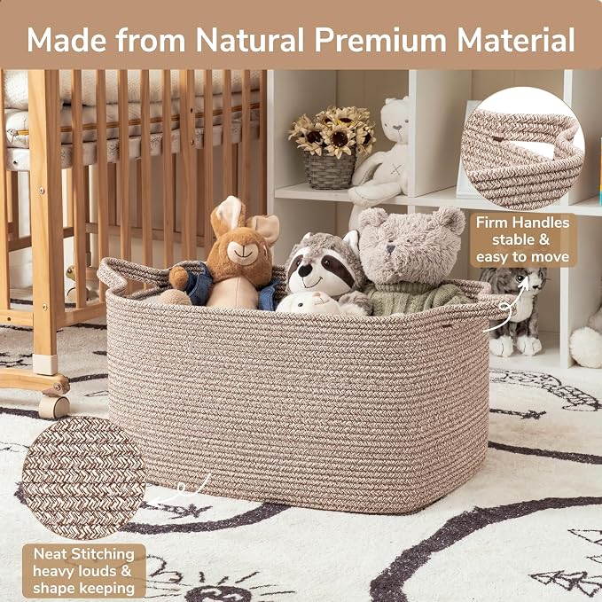 Goodpick Large Woven Storage Basket, Rectangle Organizer, Brown | 21.6 x 14.9 x 11.8 in, Cotton Rope, Living Room, Bedroom & Nursery Organization, Blankets, Toys & Clothes Storage