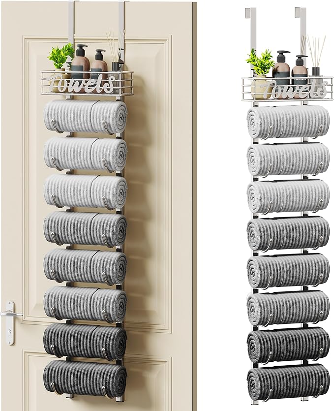 SWTYMIKI Hanging Towel Racks for Bathroom - 9 Tier Over the Door & Wall Mounted Bath Rolled Towel Storage Organizer Holder for Small Bathroom, RV, Camper (Polished Nickel, 9-Tier)