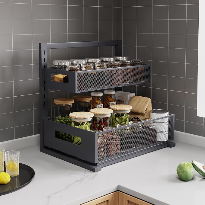 Petiza Under Sink Organizer Pull Out Cabinet Organizer Adjustable Height 2 Tier with Sliding Drawers Kitchen Bathroom Organizer and Storage(Gray-1pc)