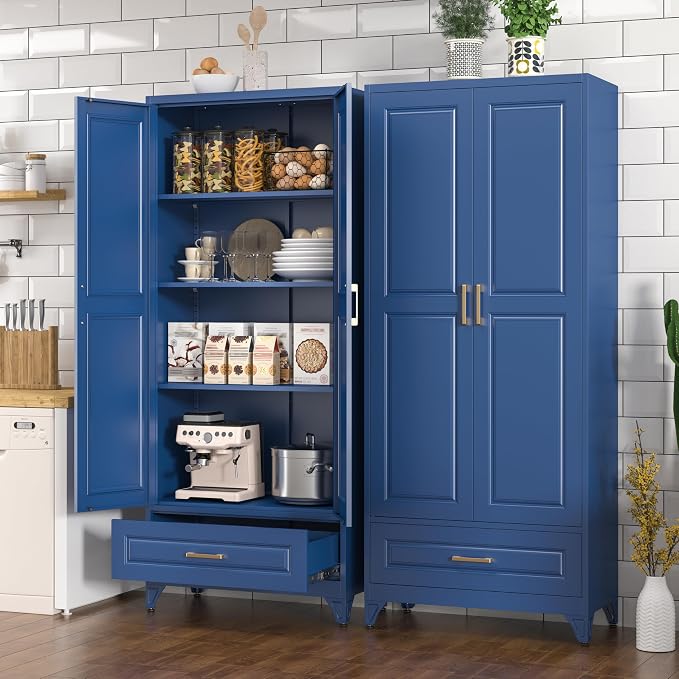 Polup 75" Metal Storage Cabinet, Tall Kitchen Pantry Cabinet with 1 Drawer | Blue Heavy-Duty Steel Cupboard, 2 Doors, 3 Adjustable Shelves, Magnetic Latch, Gold Handles, for Dining Living Room, Laundry