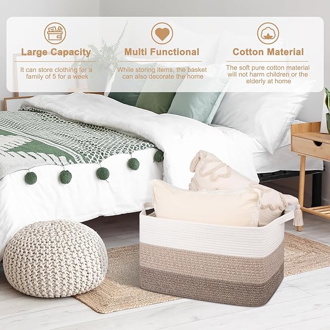 OIAHOMY Large Blanket Basket, 65L Cotton Rope Woven Laundry Basket, Toy Bin for Baby Room, Container for Blanket Storage in Living Room, 20''×16''×12'', Gradient Brown