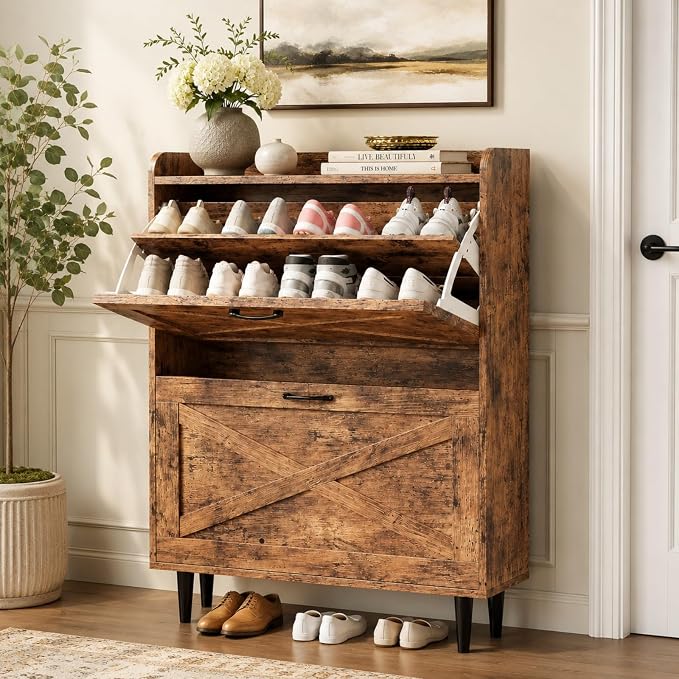 VINGLI Shoe Storage Cabinet for Entryway with 2 Flip Drawers, Ultra Slim Freestanding Entryway Shoe Organizer with Wood Tapered Legs,Hidden Closed Shoe Rack,31.6" W * 9.4" D * 39.4" H, Rustic Brown