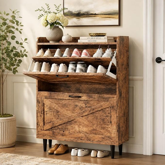 VINGLI Shoe Storage Cabinet for Entryway with 2 Flip Drawers, Ultra Slim Freestanding Entryway Shoe Organizer with Wood Tapered Legs,Hidden Closed Shoe Rack,31.6" W * 9.4" D * 39.4" H, Rustic Brown