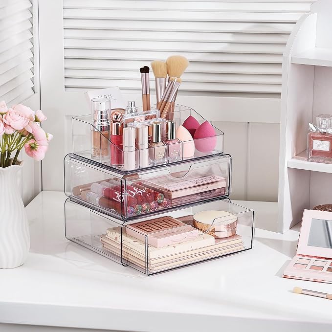 Vtopmart 3 Tier Clear Makeup Organizer with 2 Drawers | Smart Storage Layout, Clear for Better Visibility, Stackable, Large Capacity, for Makeup Lipstick Brush Skincare