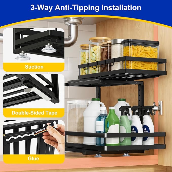 2 Pack Under Sink Organizer, 2-Tier Metal Shelf, Black | Carbon steel 2-tier set, ball-bearing slides, adjustable height, no-drill setup, for kitchen and bathroom cabinets