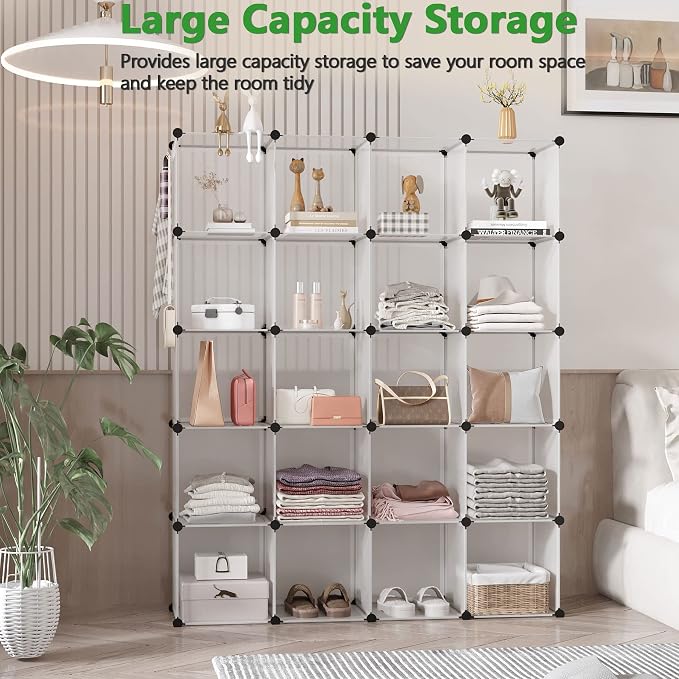 C&AHOME 20-Cube Shelf, Plastic Cube Storage Organizer, DIY Bookshelf White | Stackable Modular Closet Cabinet Ideal for Bedroom, Living Room, Office, 48.4" L x 12.4" W x 60.6" H