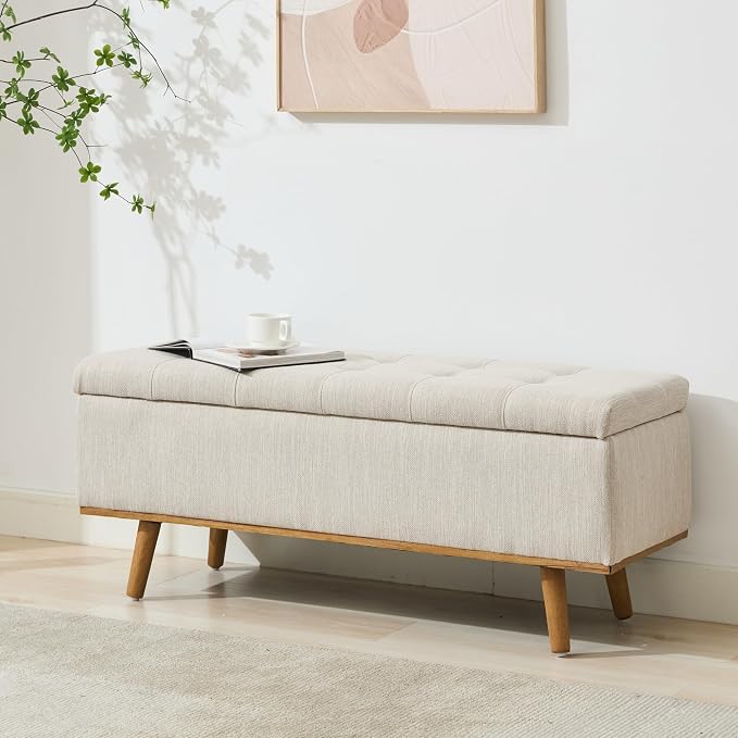 Storage Ottoman Bench, 45" End of Bed Bench, Beige | Hidden Storage Space, Linen Upholstery, Padded Cushion Top, Solid Wood Legs, 350 LBS Weight Capacity