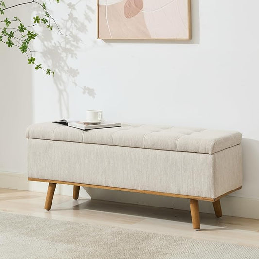 Storage Ottoman Bench, 45" End of Bed Bench, Beige | Hidden Storage Space, Linen Upholstery, Padded Cushion Top, Solid Wood Legs, 350 LBS Weight Capacity