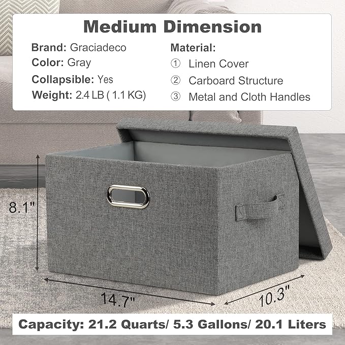 Graciadeco Medium 15" 21 Quart Collapsible Stackable Storage Bins with Lids, 1 Pack Gray Foldable Fabric Closet Storage Boxes with Lids, 4 Handles Heavy-duty Linen Cube Baskets for Bedroom | 21 Quart 1 Pack Gray1 Collapsible Stackable Linen Fabric 4 Ha...