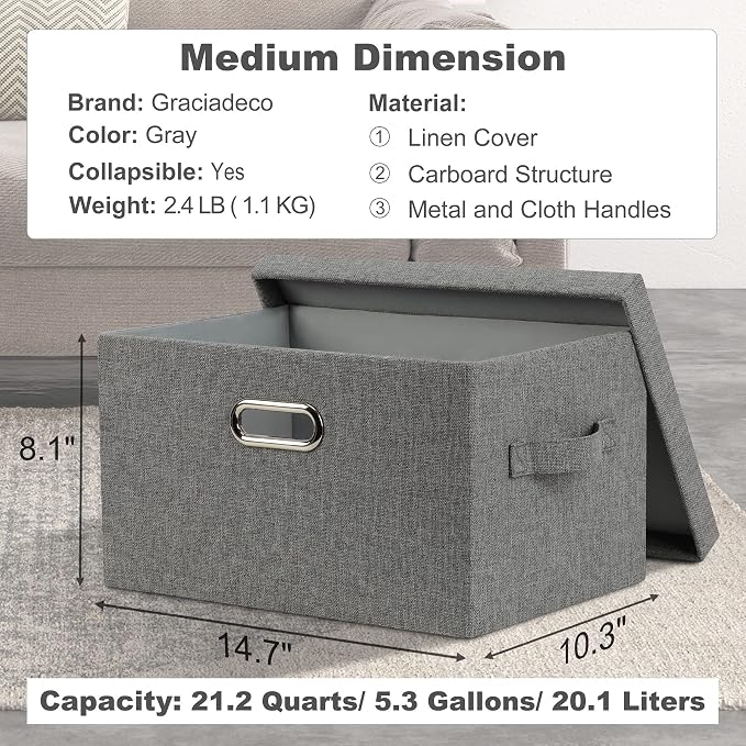Graciadeco Medium 15" 21 Quart Collapsible Stackable Storage Bins with Lids, 3 Packs Grey Foldable Fabric Closet Boxes Heavy-duty Linen Cube Baskets Container for Bedroom Office (15 x 11 x 8) | 21 Quart 3 Pack Gray1 Collapsible Stackable Linen Fabric 4...