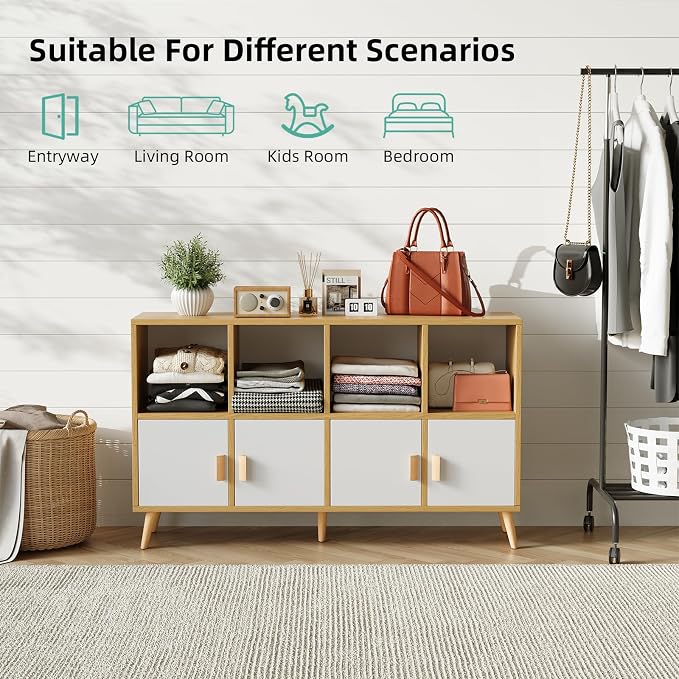 8-Cube Storage Organizer with Doors & 5 Solid Wood Legs, Mid-Century Modern Bookshelf with Seamless Top, Horizontal Cubby Toy Storage for Kids, Sideboard Media Console fits 11" Bins, Natural