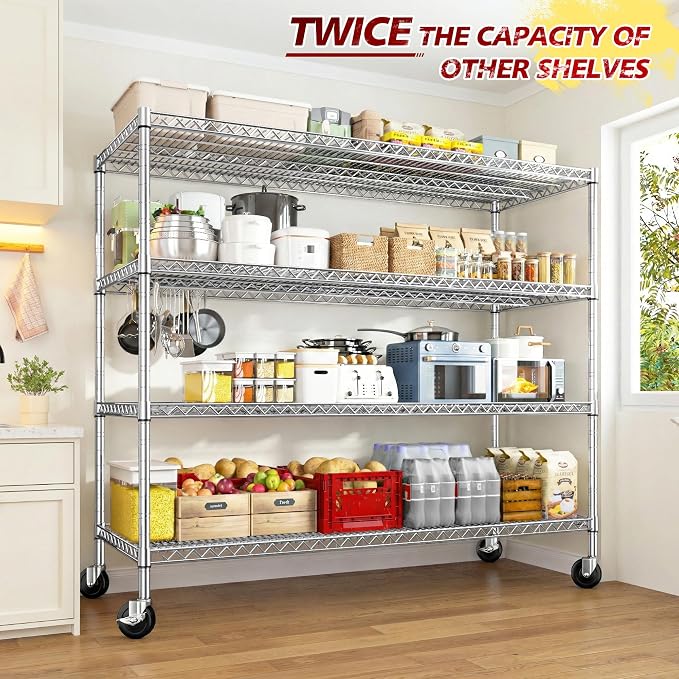 REIBII Set of 2 Storage Shelves Metal Shelving with Wheels,Adjustable Wire Shelving Rack 75.6" H Heavy Duty Garage Shelving Unit for Kitchen Pantry,Commercial Industrial Shelving for Garage 2PCS