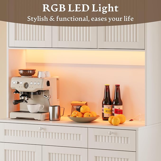 BORNOON Pantry Cabinet with Charging Station and Light, Tall Kitchen Pantry Storage Cabinet with Microwave Stand, Wide Fluted Kitchen Hutch with Storage Drawers and Adjustable Shelves for Dining Room