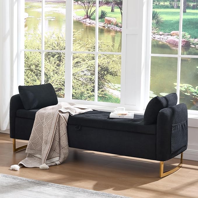 65" Storage Ottoman Bench, Chenille Storage Bench for Bedroom, End of Bed Storage Bench with Tufted Upholstered and Gold Legs, Bedroom Benches with Arms Window and Entryway, Black