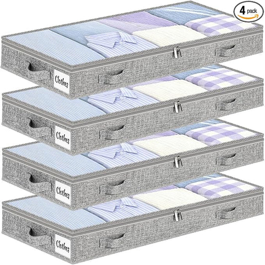 5 Inch Low Profile Under Bed Storage Drawer 4 Pack, Lightweight Underbed Clothes Storage Container Bins With NO STURCTURE, Shallow Storage Bag for Dorm & Home, With Clear Lids & Water-Resistant Fabric