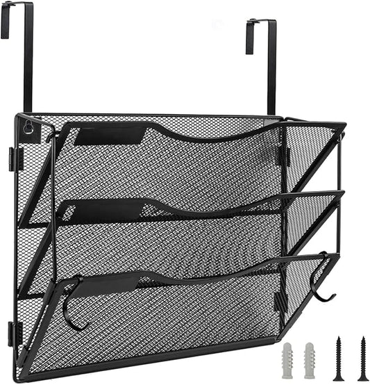 BOHDK Wall File Organizer 3 Pockets, Mail Organizer, Hanging Folder Holder, Foldable | Hanging or Wall Mounted | Label Panel | 2 Hooks | Office Home School Organizer, Black