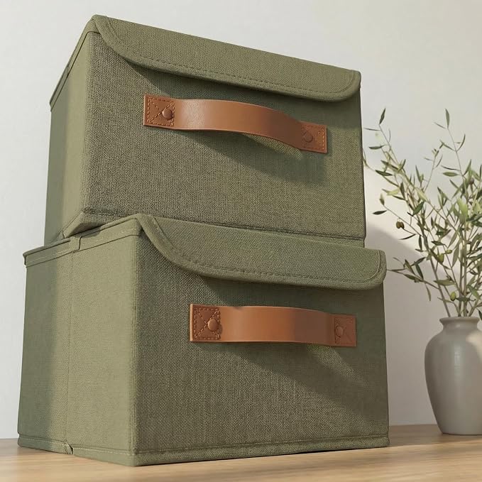Decorative Linen Storage Boxes with Lids - Spacious Set of 2 Organizer Bins for Your Home Decor - The Perfect Small Container to Safely Store Photos, Documents and Memory Box Keepsakes in Style