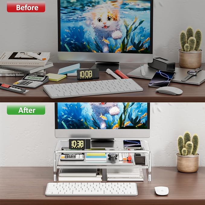 Egchi Clear Acrylic Monitor Stand Riser 2 Tier, 5.12 Inches High Clear Computer Desk Organizer Shelf for Multi Media PC Storage Laptop | Clear, Desk Shelf, for Multi Media PC Storage, Laptop Stand
