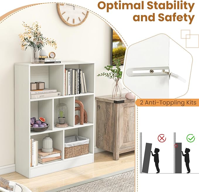 Giantex 7 Cube Bookcase, 4-Tier Freestanding Bookshelf w/ 7 Open Compartments, 2 Anti-Tipping Kits, Modern Display Cabinet, 41" Wood Cubby Storage Organizer for Living Room, Bedroom, White