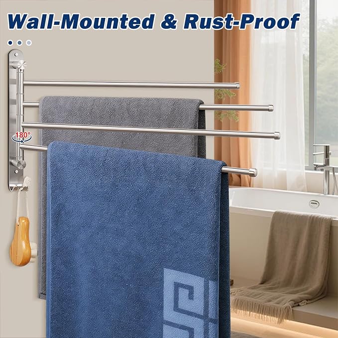 NearMoon Swivel Towel Rack, 19.5" Thicken 304 Stainless Steel 4-Arm Towel Bar, Space Saving Wall Mounted Towel Holder with Hook, Rustproof Swing Out Towel Hanger for Bathroom, Kitchen (Brushed Nickel)