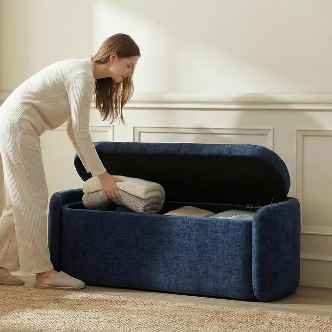 VKNOW Storage Bench, Upholstered Storage Ottoman Bench with Hinge, Navy | Ottoman Bench with Large Capacity, Curved Frame, Soft Fabric, Storage Bench for Bedroom, Living Room, Entryway, Window