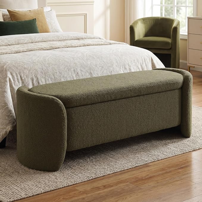 LukeAlon 50 inch Storage Ottoman Bench, Upholstered Faux Leather End of Bed Bench with Large Storage, Shoe Bench for Entryway, Living Room, Bedroom, Solid Wood Frame (Christmas Tree Green)