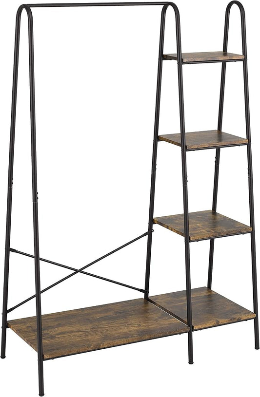 Finnhomy Rustic Clothes Rack, Clothing Rack for Hanging Clothes Heavy Duty Garment Rack with 5 Wood Shelves Freestanding Portable Closet Organizer for Bedroom/Entryway/Boutiques，Matte Black