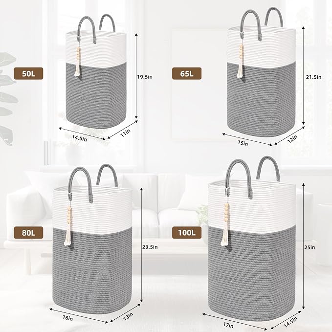 Woven Laundry Basket for Clothes, 100L Large Rectangle Laundry Hampers with Beads Tassel, Nursery Storage Basket for Toys, Tall Dirty Clothes Hamper for Bedroom Aesthetic, Laundry Room Organization