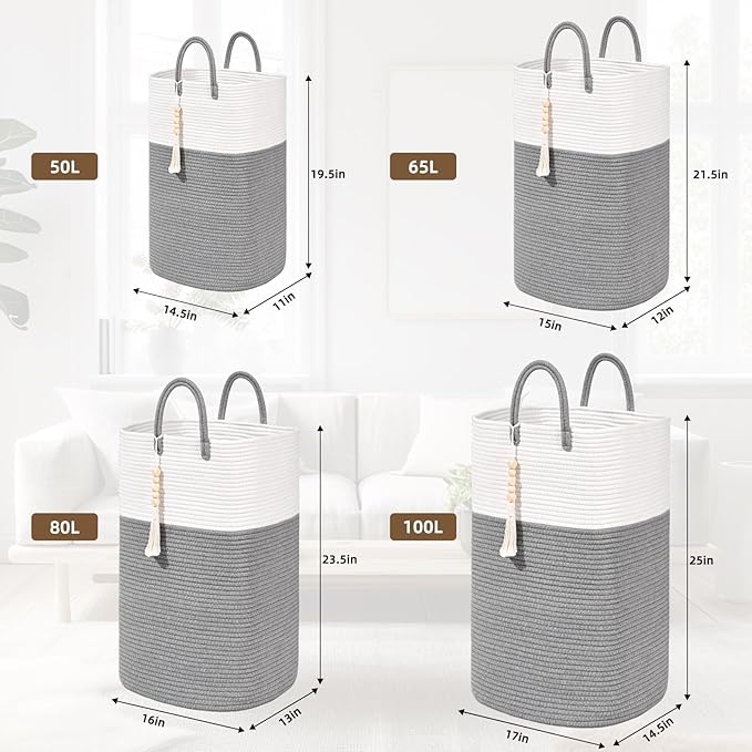 Woven Laundry Basket for Clothes, 80L Large Rectangle Laundry Hampers with Beads Tassel, Nursery Storage Basket for Toys, Tall Dirty Clothes Hamper for Bedroom Aesthetic, Laundry Room Organization