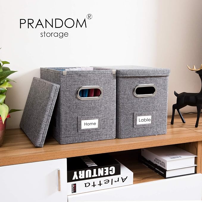 File Organizer Box - Set of 2 Collapsible Decorative Linen Filing Storage Hanging File Folders with Lids Office Cabinet Letter Size Grey (14x9.3x10.8 inch)