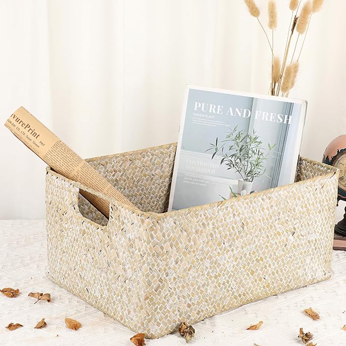 Hipiwe Wicker Shelf Baskets Seagrass Storage Opened Baskets Bin with Handle | Rectangular Closet Bedroom Basket Organizer Box, Multipurpose Woven Basket Home Organizer, Whitewash 14.6"x 10.6" x 7.1"