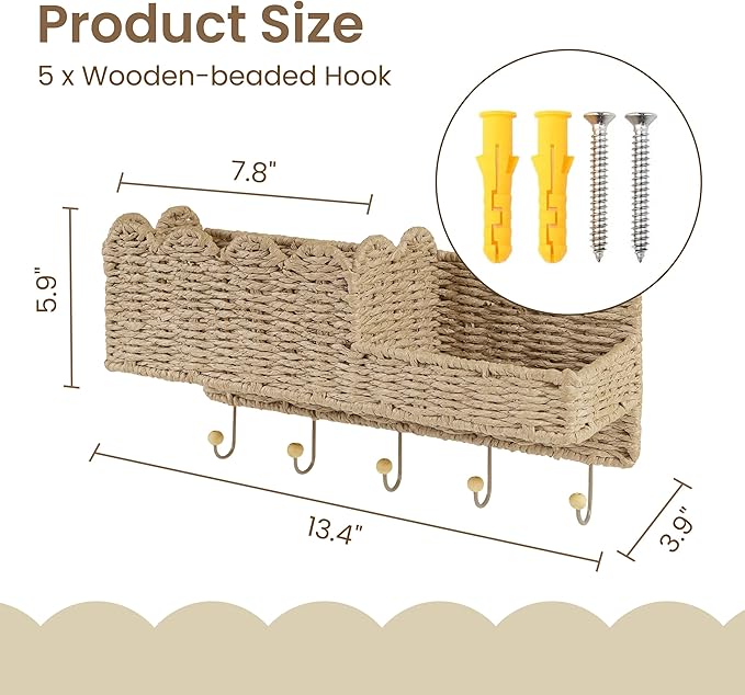 AELS Scalloped Woven Wall Mount Key Holder with 5 Hooks, Decorative Paperstraw Mail Organizer for Entryway, Wave Design Ratten Key Rack, Entryway Organizer, Living Room & Hallway Decor, Natural