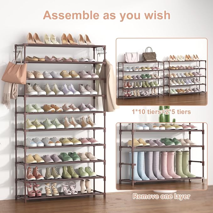 LANTEFUL 10 Tiers Shoe Rack 50 Pairs Large Capacity Tall Shoe Organizer Sturdy Shoe Storage with Two Hooks Space Saving Metal Wide Shoe Rack for Closet, Entryway, Bedroom, Brown