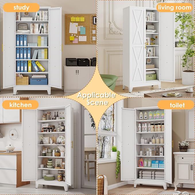 75.2" Tall Metal Kitchen Pantry Storage Cabinet, Freestanding Cupboard with 2 Doors and 5 Adjustable Shelves, Standing Storage for Kitchen, Bathroom, Garage, Dinning Room or Utility Room