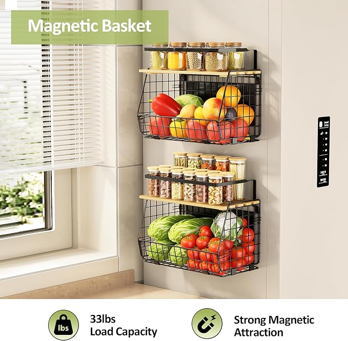 2 Pack Magnetic Shelf for Fridge, Fruit Potato Onion Storage Bins | Magnetic Basket with Lid, Side of Fridge Storage, Produce Basket for Fruits Vegetables Spices, Kitchen Pantry Organizer