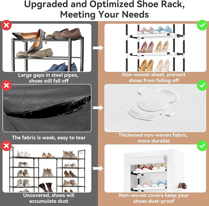 ROJASOP Shoe Rack with Covers 10 Tier Large Shoe Organizer Tall Shoe Closet Storage for 20-22 Pairs Shoe and Boot, Free Standing Shoe Rack Organizer for Closet, Entryway, Bedroom, White
