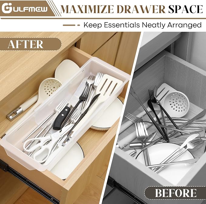 1 Pack Adjustable Deep Drawer Organizer Storage Bin(17" to 27”) | Expandable Drawer Storage, Adjustable Size, Kitchen Cabinet Organization