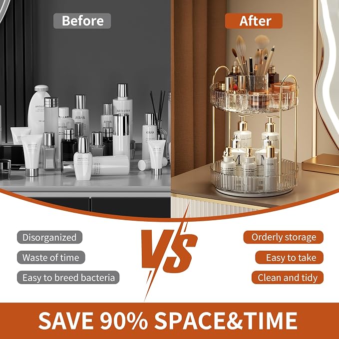 YCIA&DONE Rotating Makeup Organizer for Vanity, Large Capacity Make Up Storage Skin care Shelf Perfume Holders Cosmetic Dresser Organizer Countertop Spinning 360 (White Clear, 2Tiers)