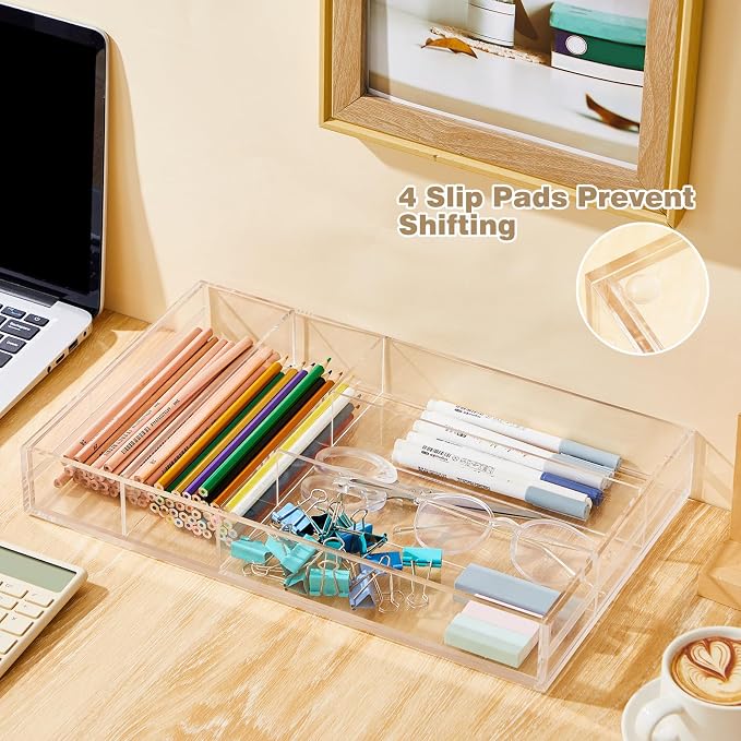 Briwooody Clear Acrylic Drawer Organizer Expandable,7 Compartments,Large | 9'' up to 18'' x 12'' x 2.1'' Desk Drawer Organizer Trays Adjustable with Desk Accessories for Makeup Office Bathroom