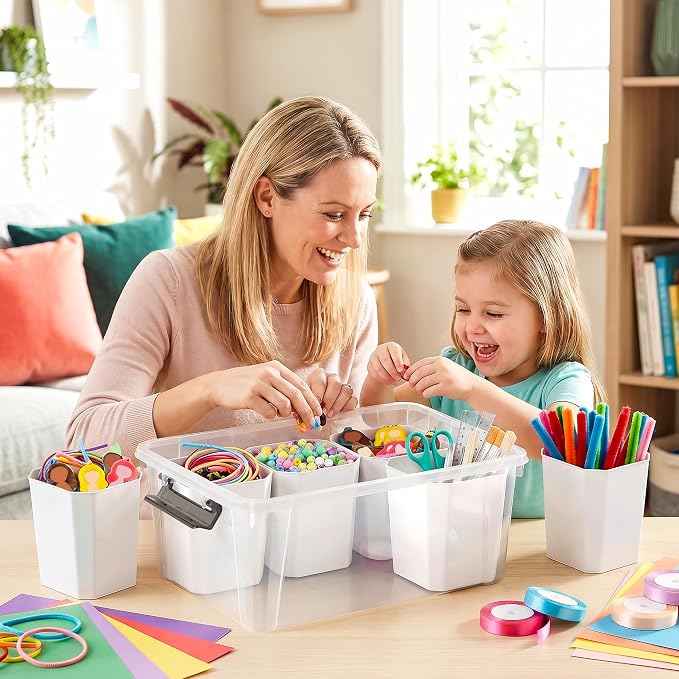 Citylife 17QT Craft Organizers and Storage bins with Lids, Marker Organizer | Clear Plastic, Art Supply Organizer for Markers, Crayons and Crafts, 6 Detachable Inserts, Versatile Stackable, No Assembly
