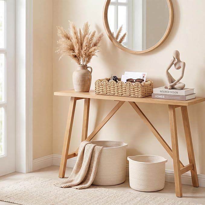 StorageWorks Toilet Paper Storage Basket, Toilet Basket with Wooden Handles, Small Wicker Decorative Scalloped Baskets for Organizing, Living Room, Top Tank, Brown Rope Baskets